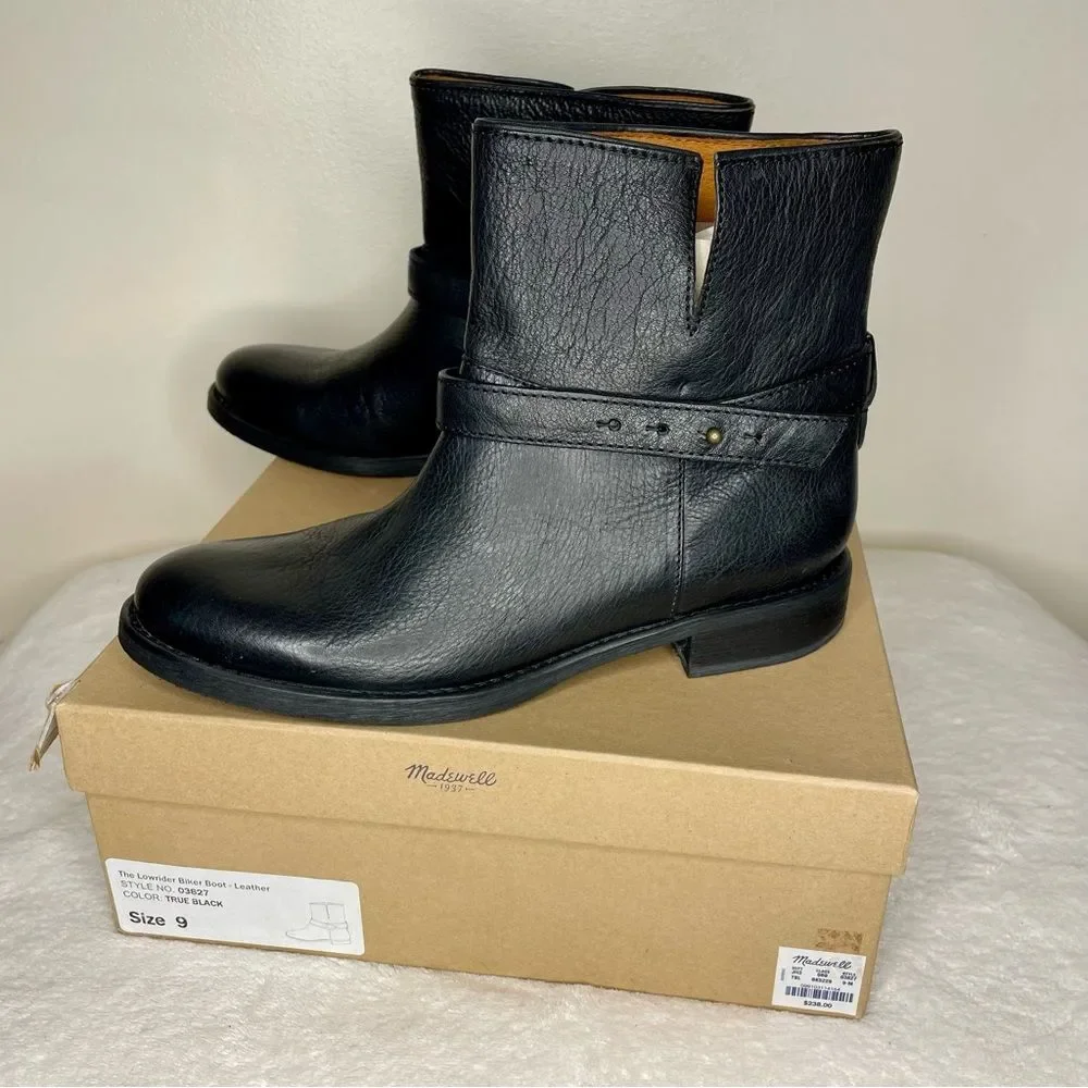 Madewell Biker Boots Lowrider Leather Ankle Moto Stacked Heel New Black Size 9